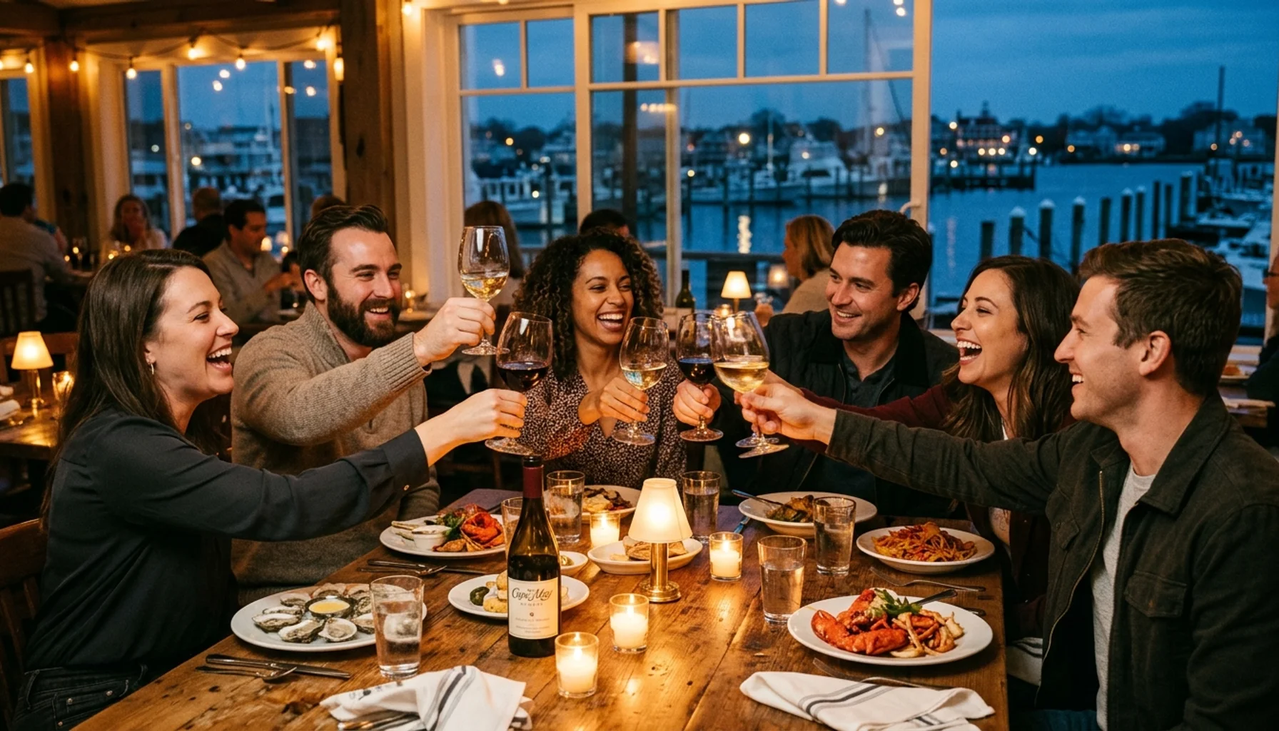 Friends enjoying dinner at best restaurants in Cape May NJ with wine and seafood