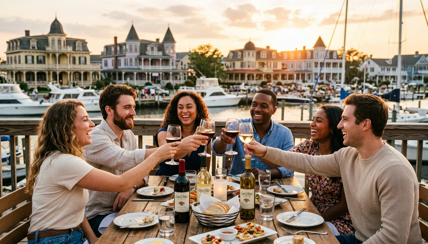 Friends dining at a Cape May NJ restaurant with harbor views, enjoying wine and food at sunset