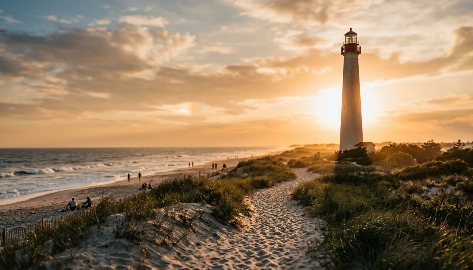 Cape May Point State Park lighthouse at golden hour with beach and dunes in scenic coastal landscape