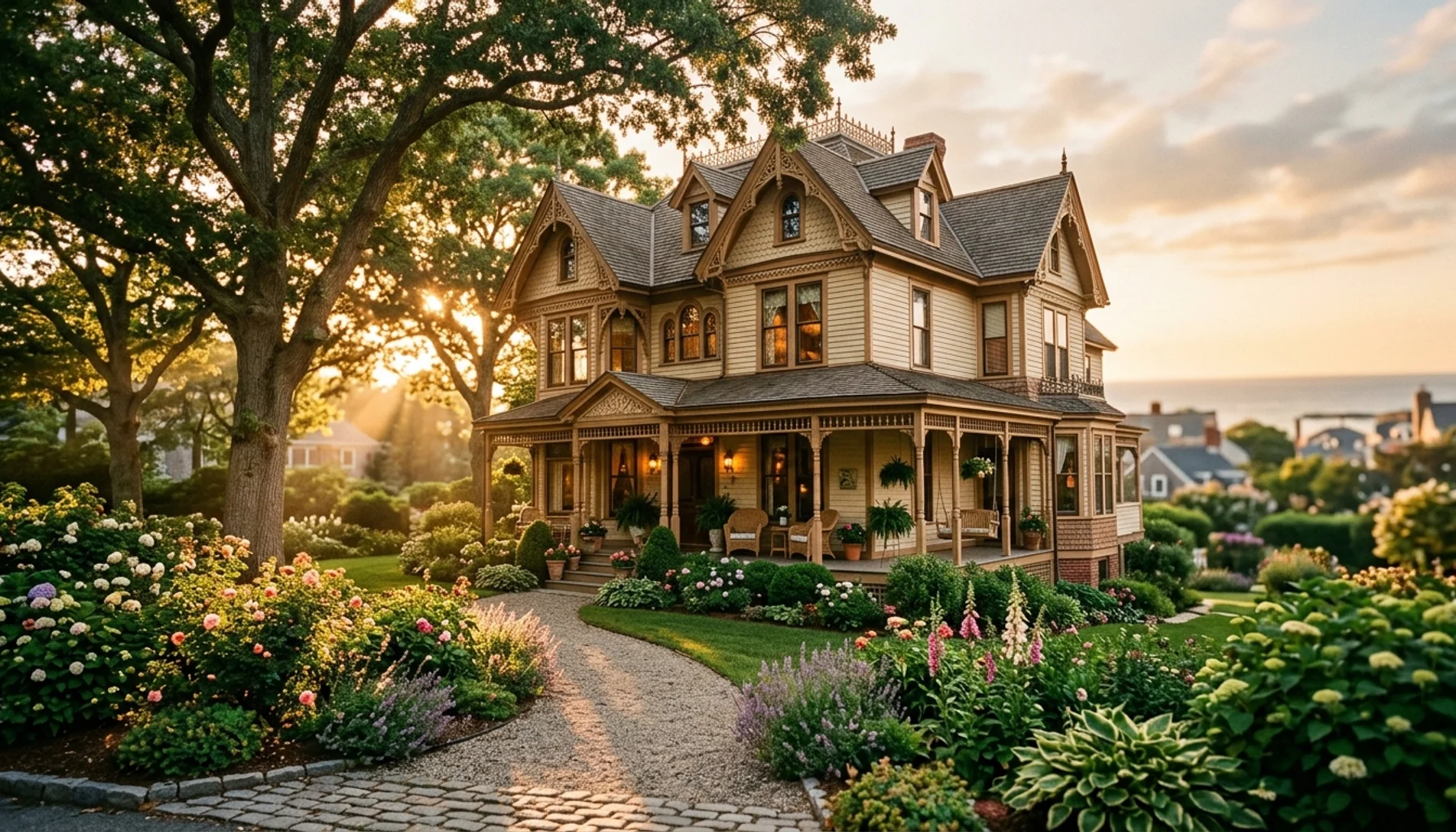 Victorian architecture in Cape May where to stay, golden hour lighting on historic mansion with ornate details