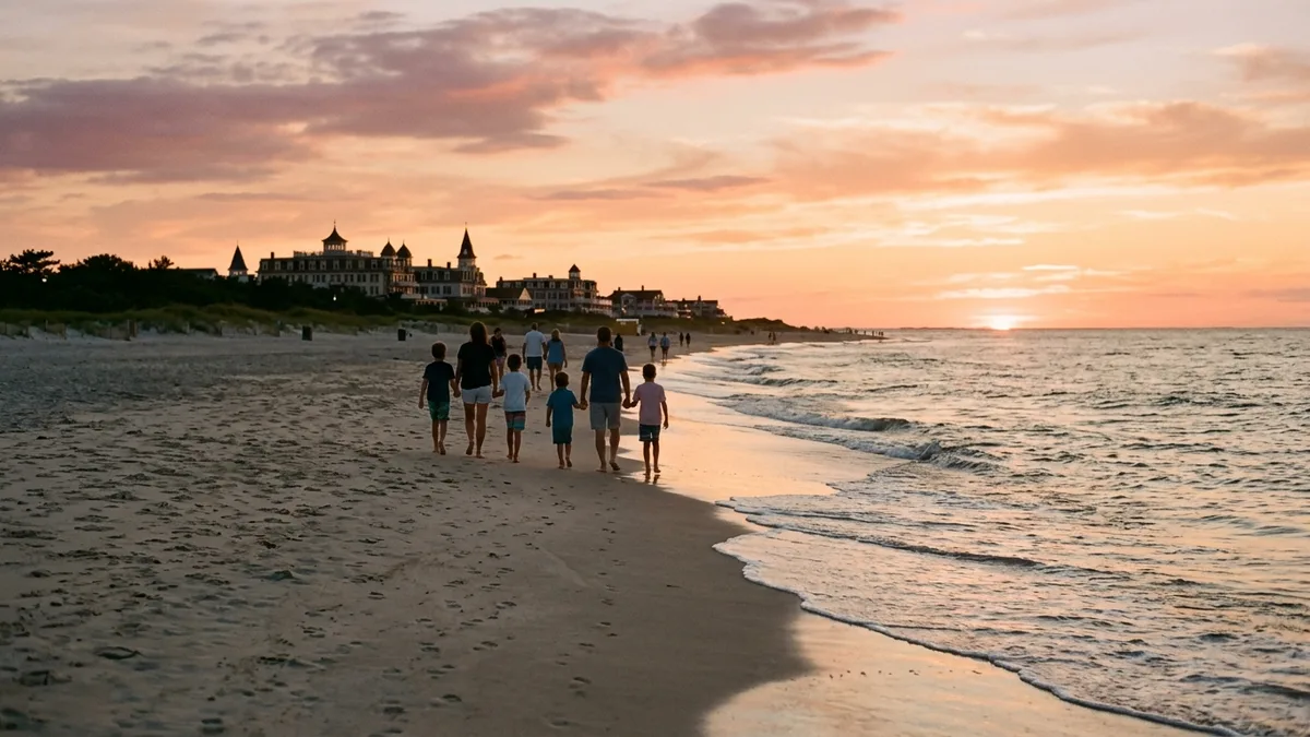 Families walking Cape May NJ beach at golden hour, Victorian rooftops in background, vacation rentals in Cape May New Jersey