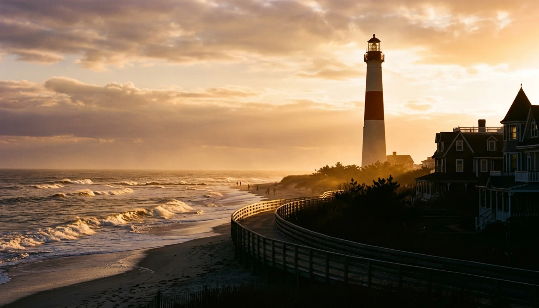 Cape May Lighthouse at golden hour with Victorian buildings and Atlantic Ocean, representing things to do in Cape May