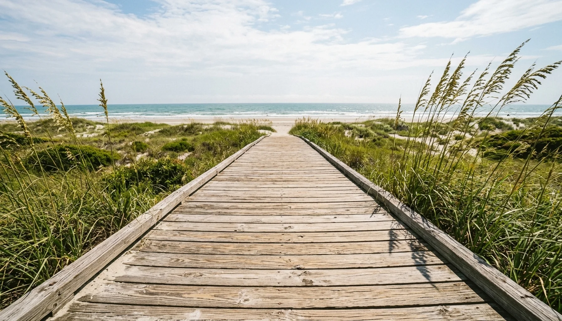Wooden beach boardwalk through sea oats leading to a wide Atlantic shoreline during beach summer season on Kiawah Island SC
