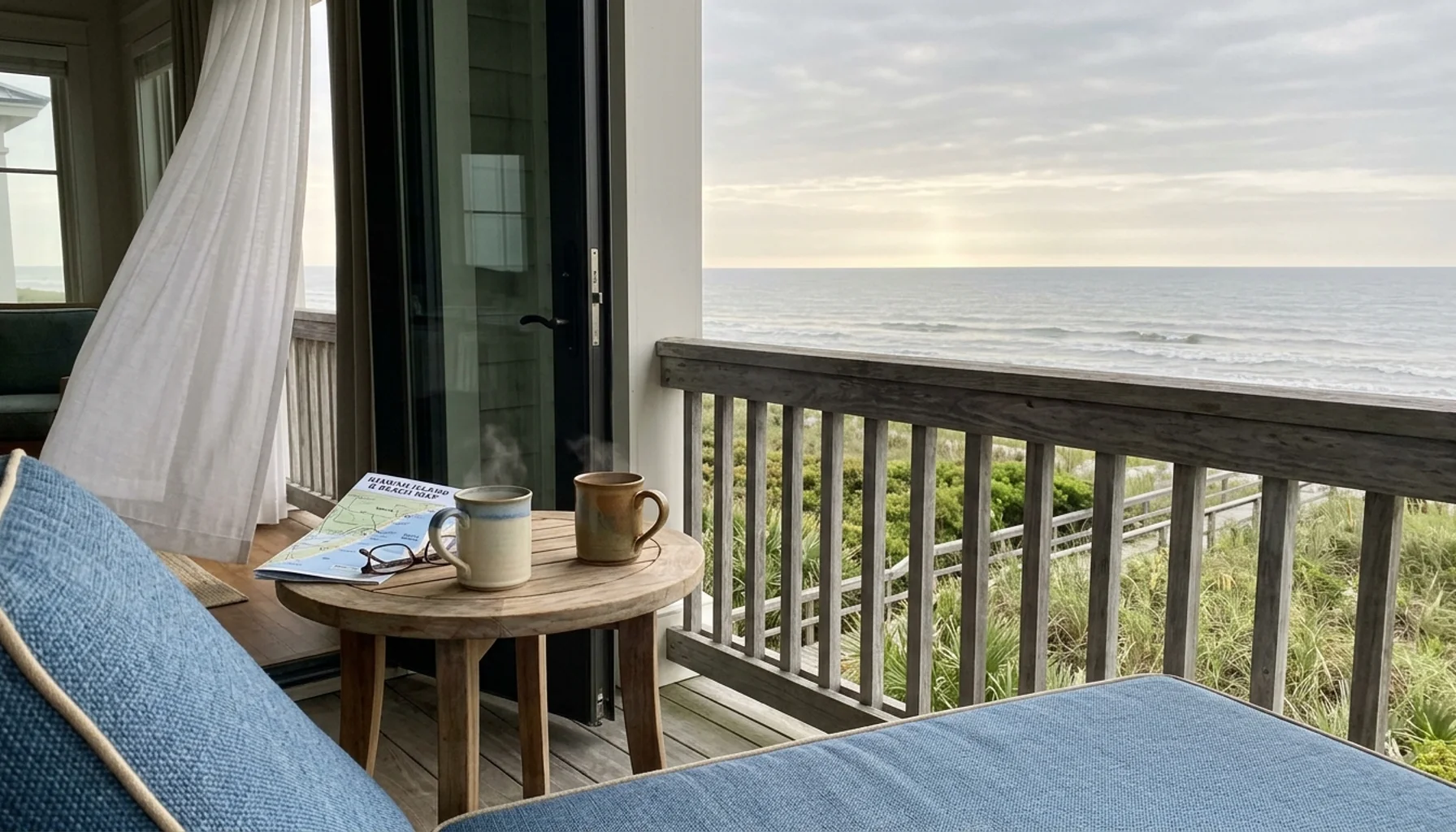 Oceanfront Kiawah Island villa balcony at sunrise: couples weekend getaway Charleston area with ocean view and coffee