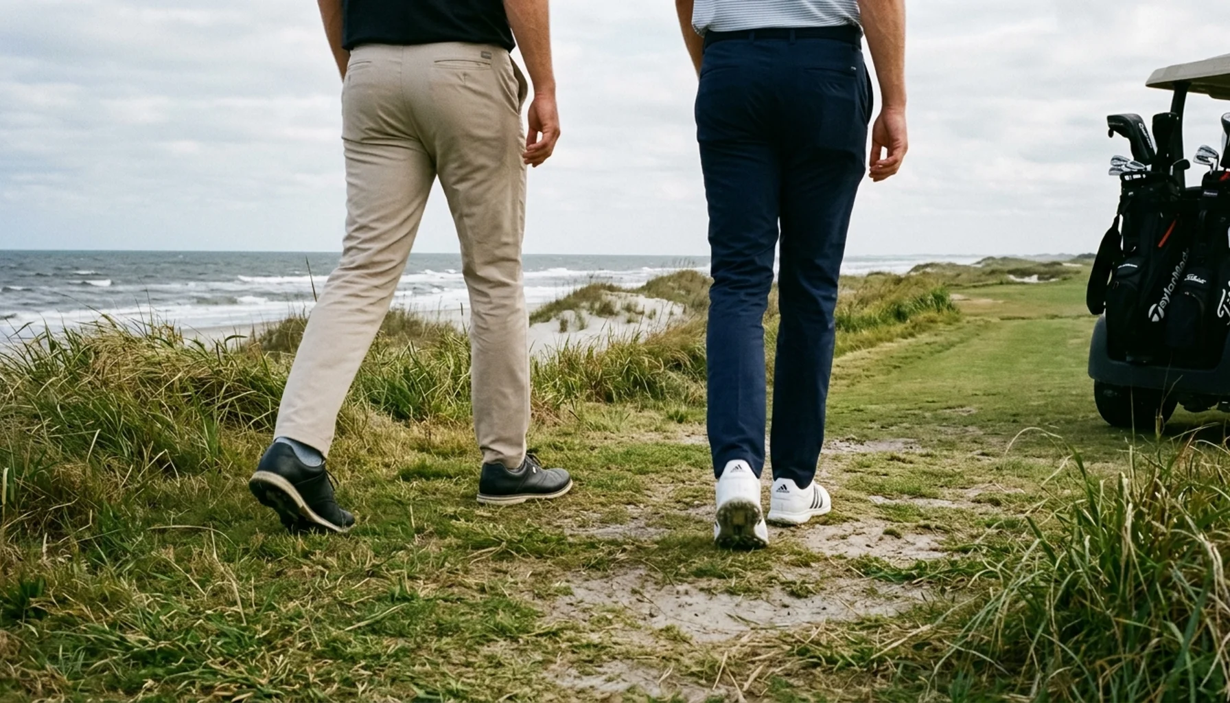 Two golfers walking a coastal fairway at Kiawah Island golf courses with the Atlantic Ocean beyond the dunes
