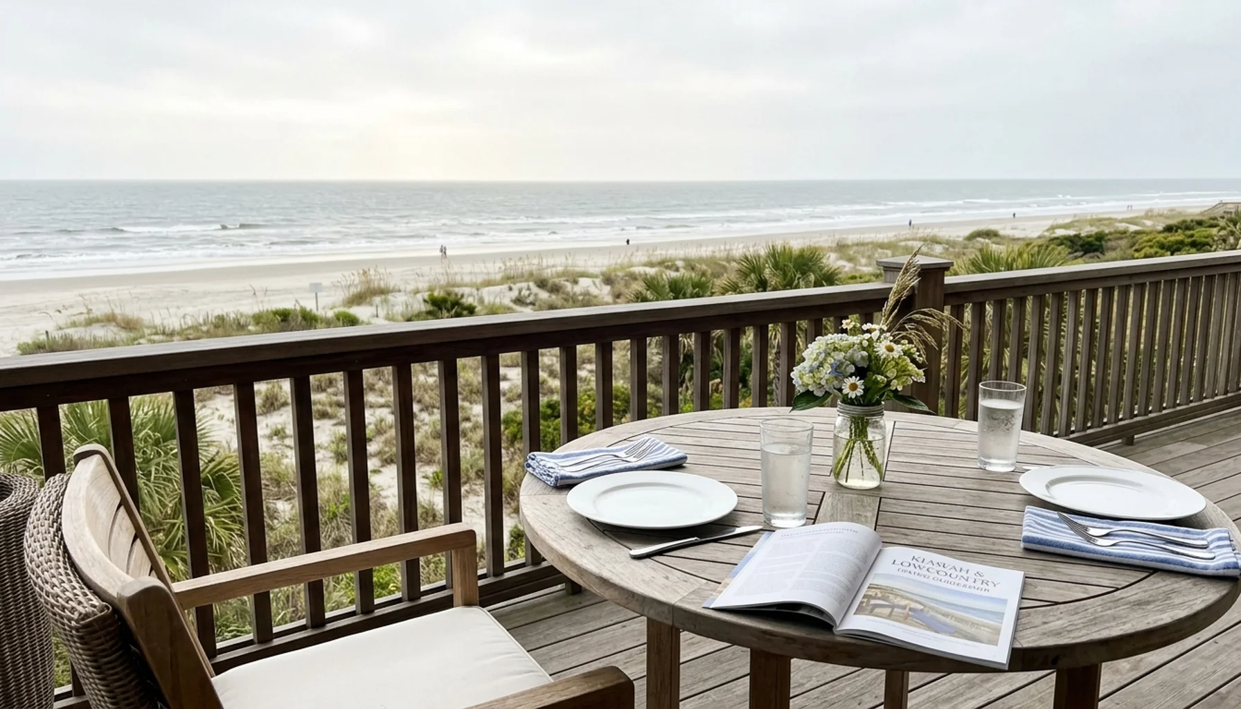 Luxury beach house dining deck on Kiawah Island SC with oceanfront table set for two and Atlantic view
