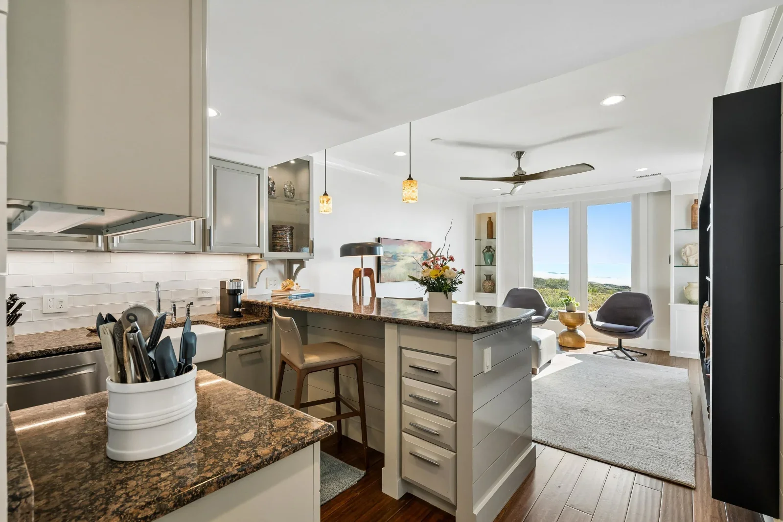 Modern kitchen with granite countertops and coastal views in Kiawah Island house rental
