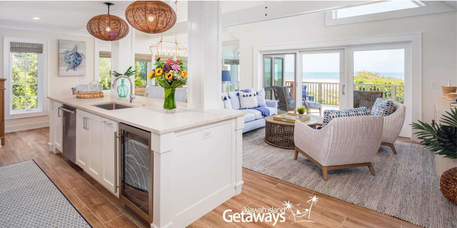 Open-concept kitchen and living room with ocean views in a Kiawah Island vacation rental