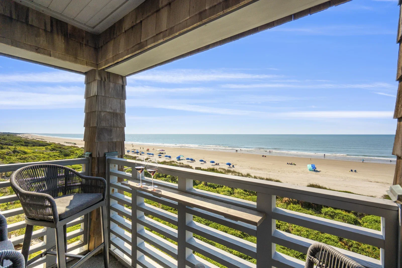 Beachfront deck with ocean views at a Kiawah Island house rental on South Carolina coastline