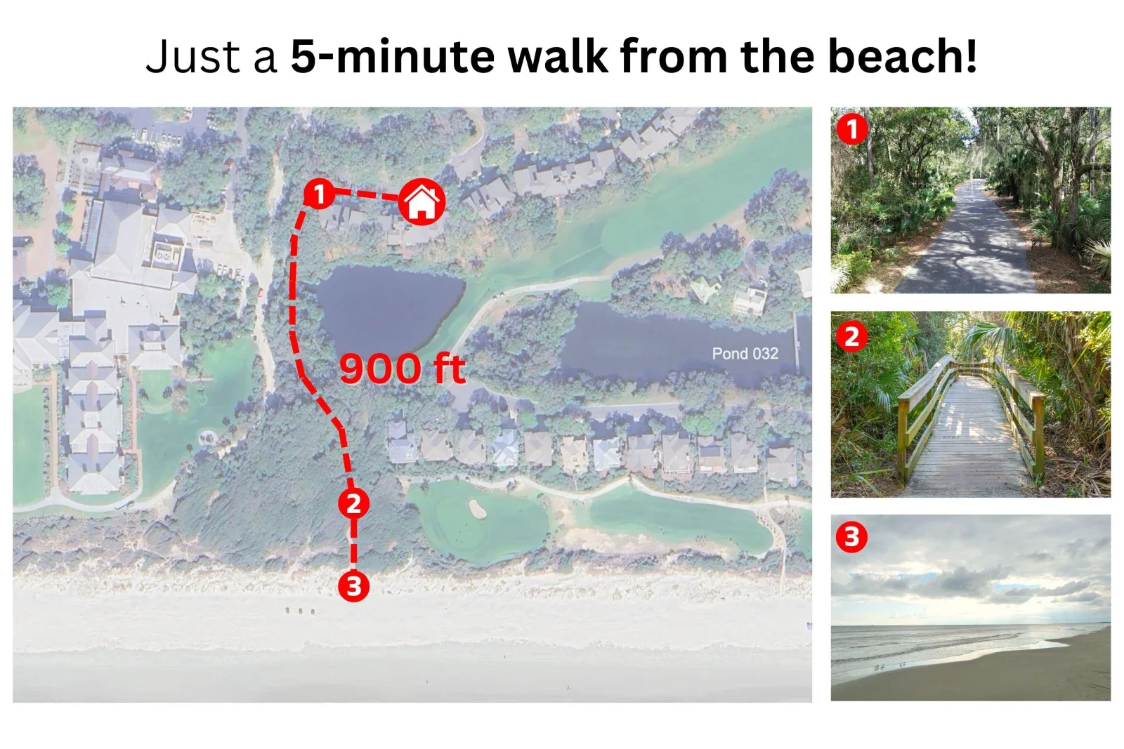 Aerial map showing 900-foot beach access walkway from Kiawah Island beachfront vacation rental property to shoreline