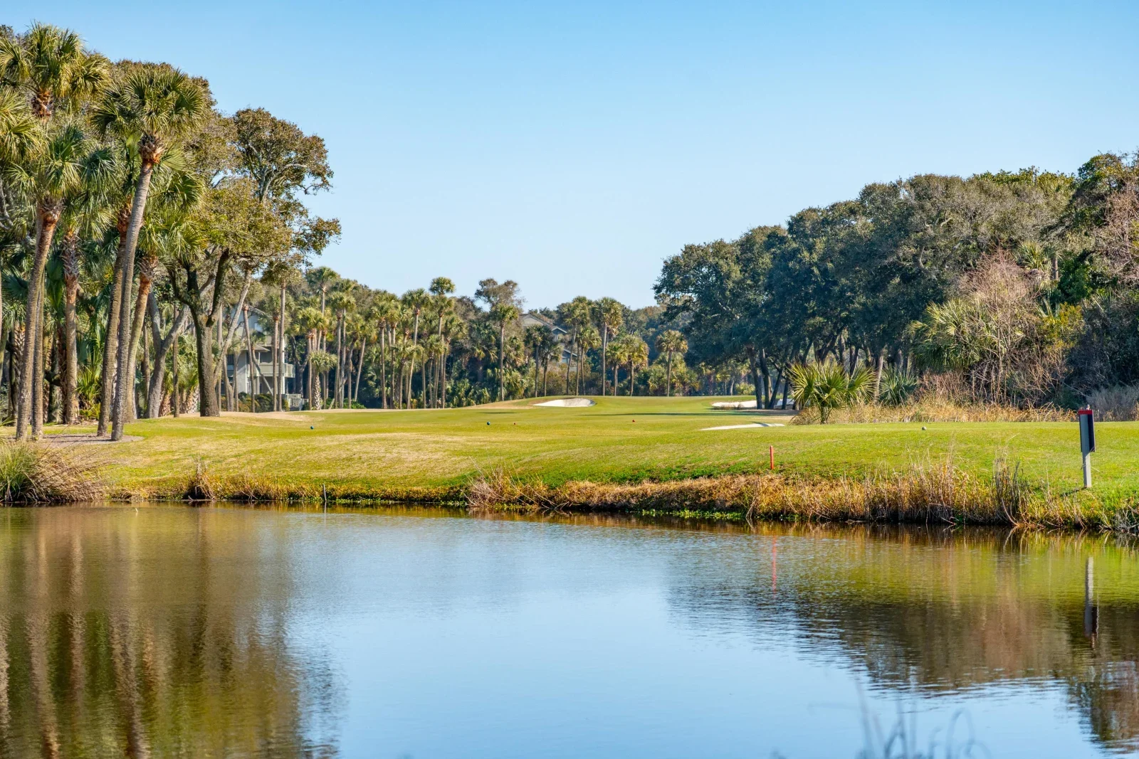 Golf course fairway with palm and oak trees, water hazard on Kiawah Island