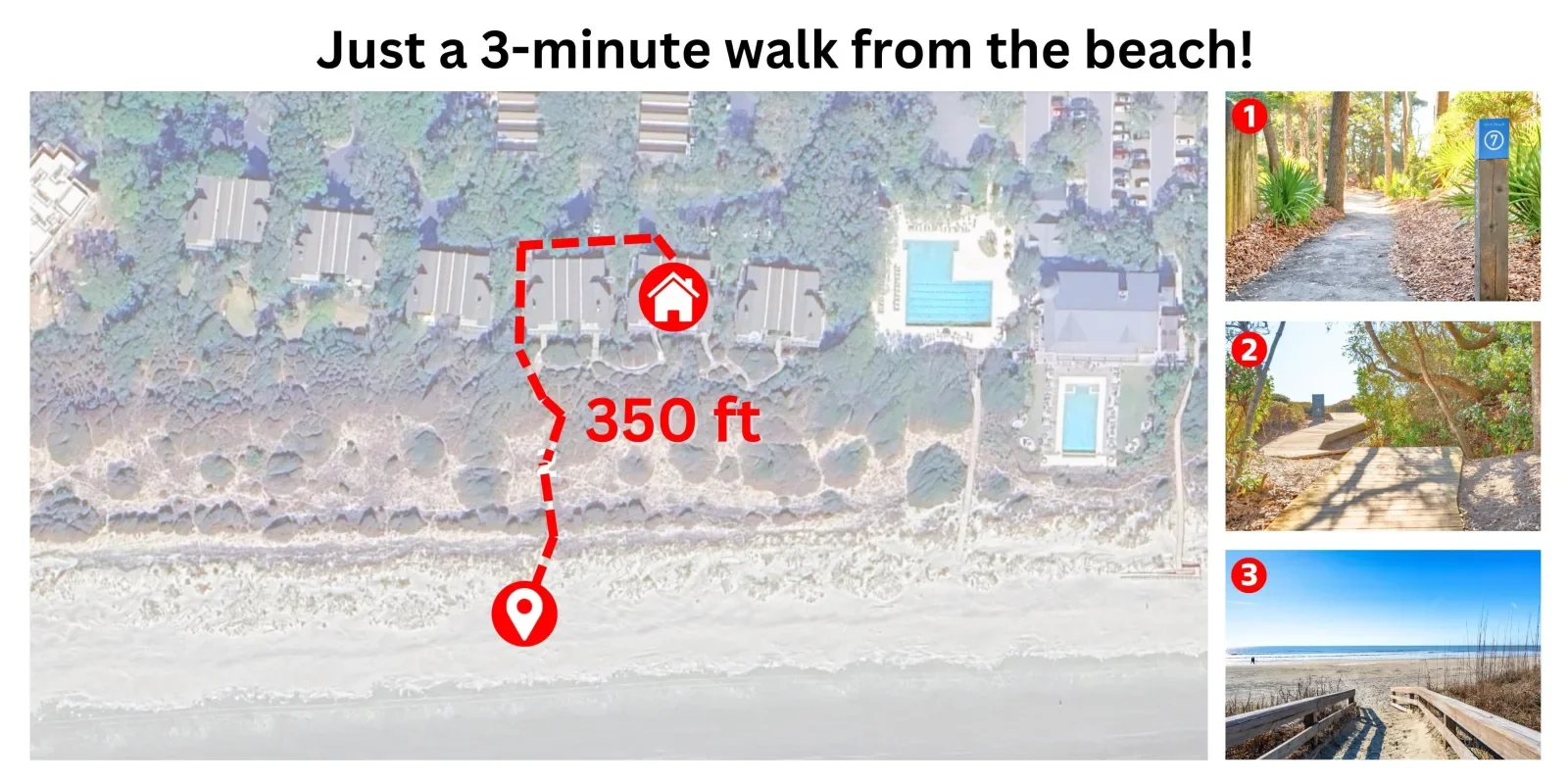 Aerial property map showing Kiawah Island vacation rental beach access 350 feet away with walking distance marked