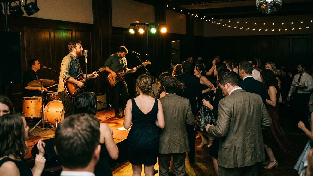 wedding band Austin TX performing at live reception with dancing guests
