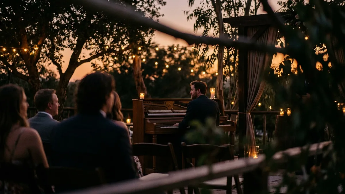 Live prelude wedding music performed on acoustic piano at outdoor ceremony