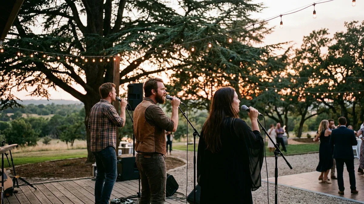 Austin TX wedding band performing live at outdoor Hill Country reception