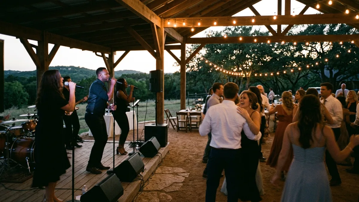 three-vocalist wedding band Austin TX performing at elegant Texas Hill Country reception with live energy