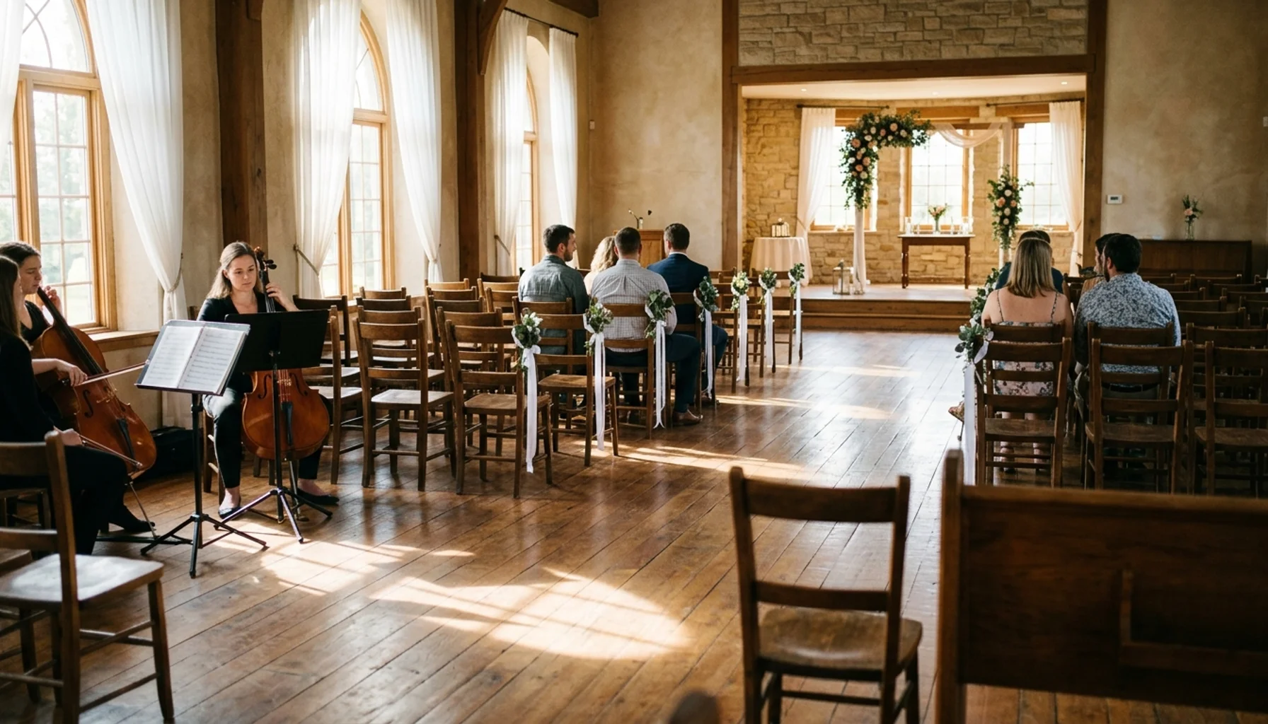 Empty wedding ceremony venue with string quartet setup, soft window light for prelude wedding music