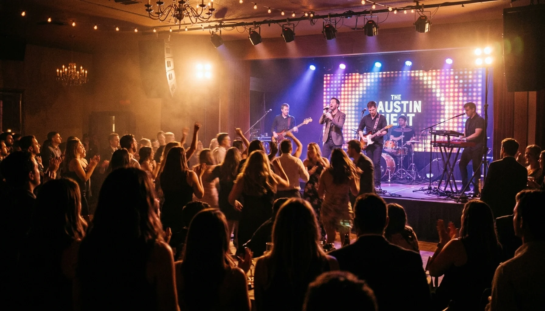 Live wedding band performing on stage in Austin TX with silhouetted crowd in foreground and warm stage lighting through haze