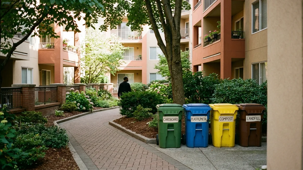 Color-coded bins in an apartment courtyard supporting sustainable waste management for apartment communities