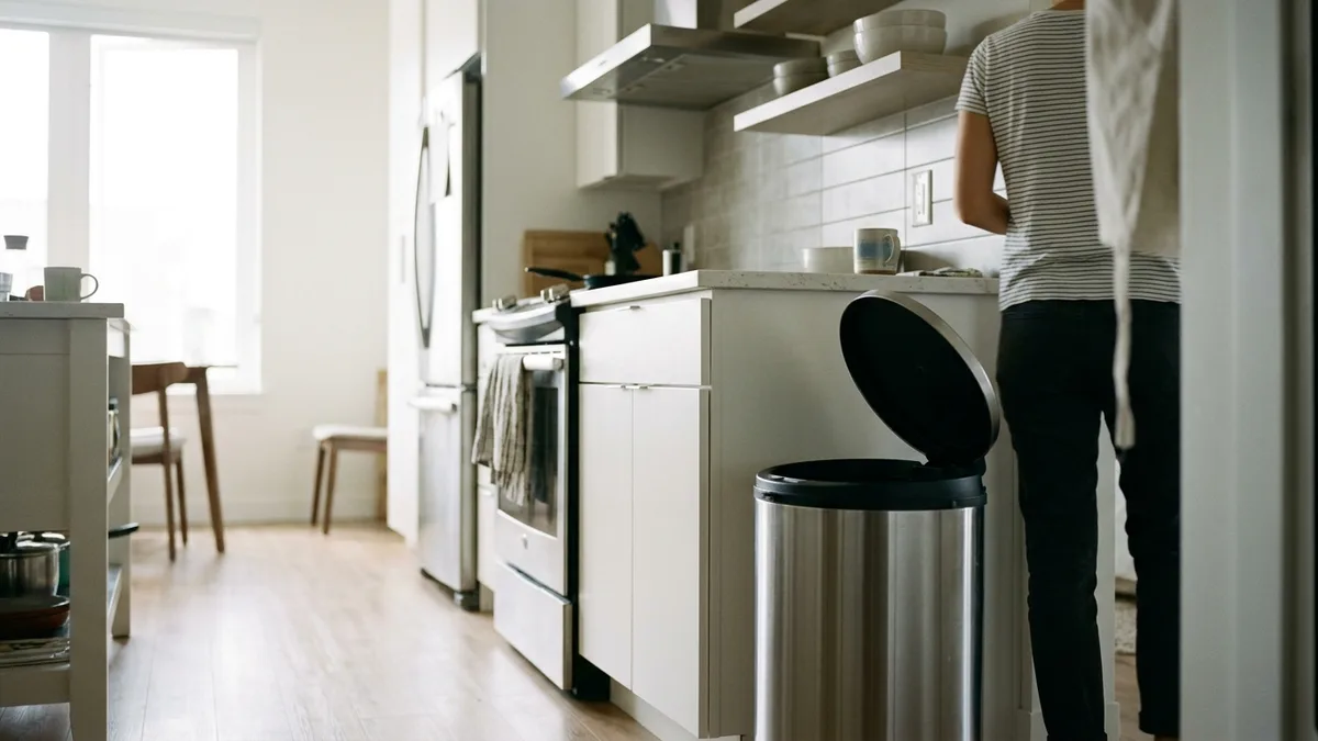 Automated garbage cans with motion sensor lids in an apartment kitchen