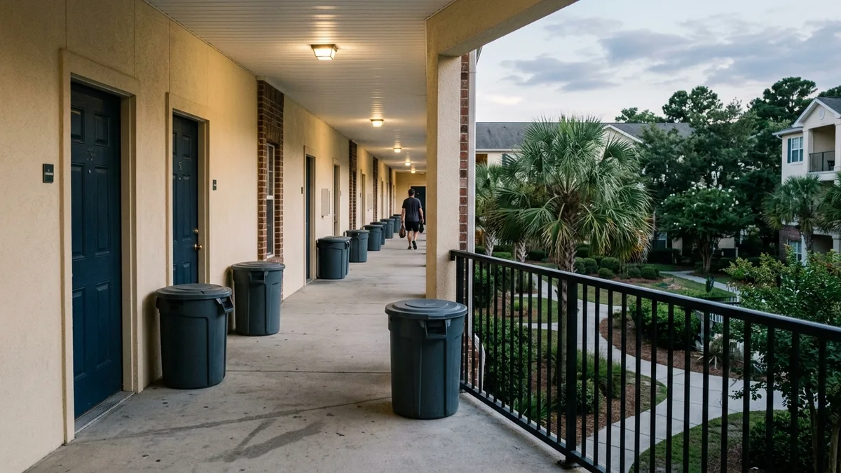 Uniform trash bins staged outside apartment doors in a growing multifamily portfolio