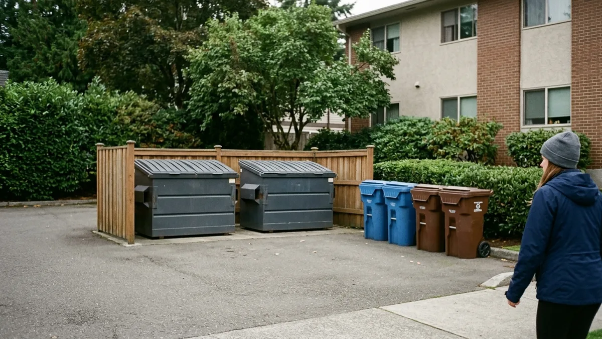 Clean multifamily dumpster area maintained through garbage valet service