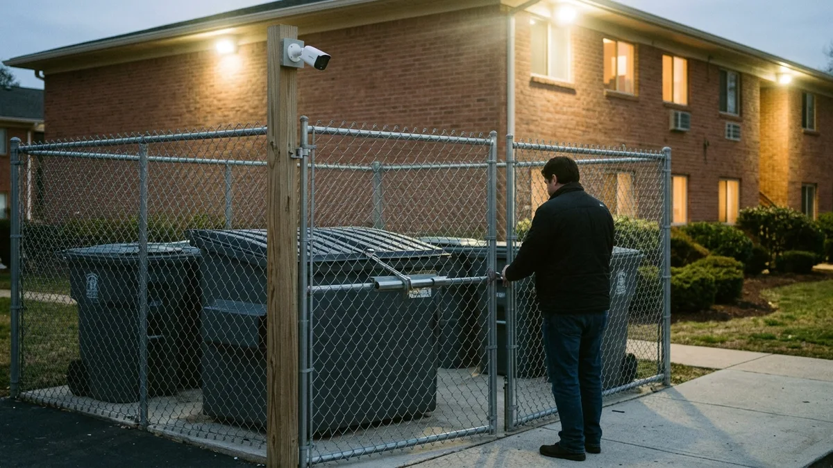 secure enclosure design to keep dumpster areas from overflowing at apartment properties