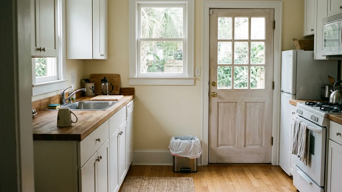 STR trash management staging area in a Charleston short-term rental