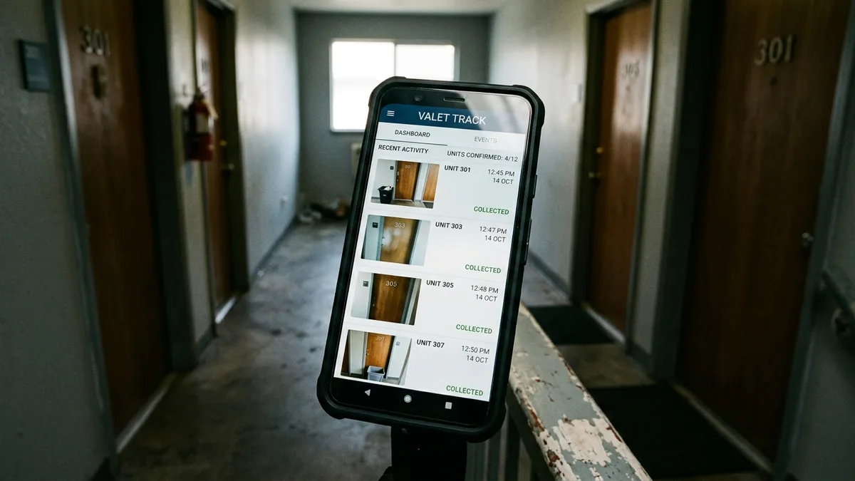 Photo verification dashboard for trash valet services at multifamily apartment community