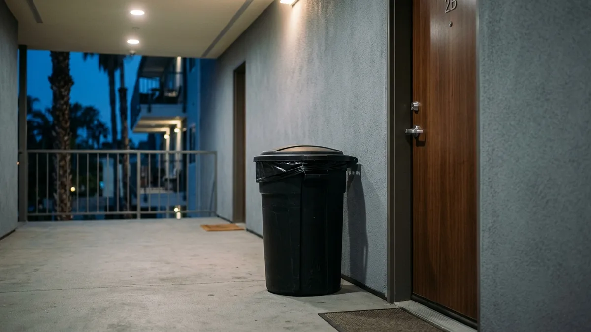 Standardized bin used for nightly doorstep trash pickup at apartment door