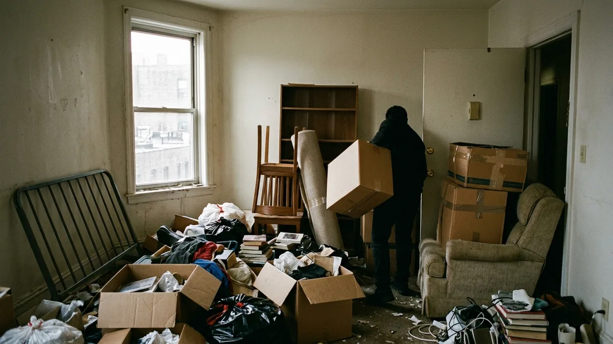 Apartment clean out crew removing furniture and debris after tenant move-out