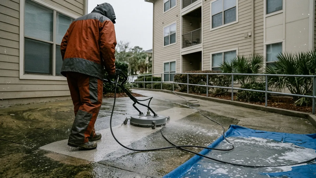 Power washing crew managing runoff at a commercial property