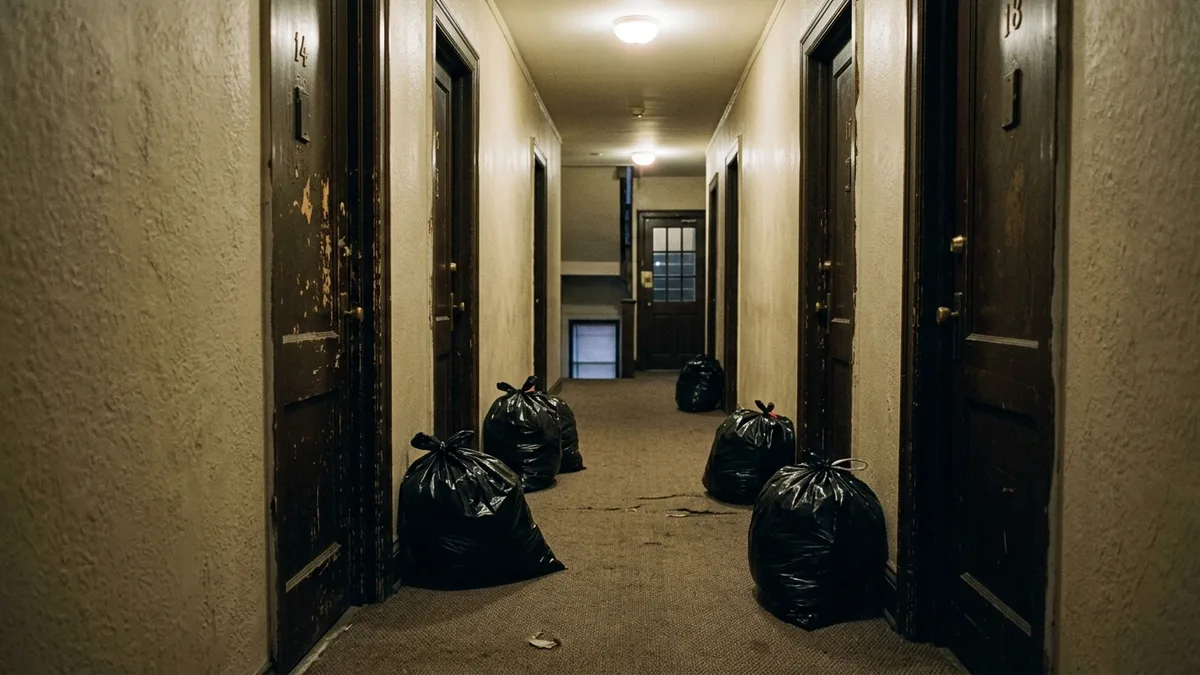 nightly trash valet collection set-out window in an apartment hallway