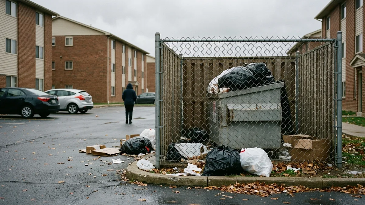 Overflowing apartment dumpster showing how inconsistent trash pickup hurts property curb appeal