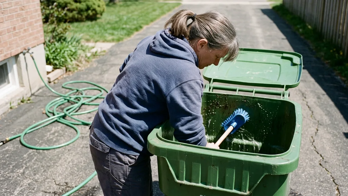 Cleaning a roll-out bin with a brush and trash can cleaner at home