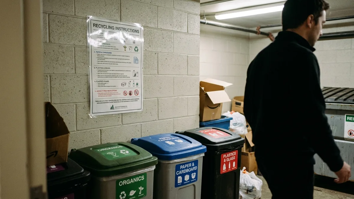 Resident instruction sign supporting carolina waste recycling rules at an apartment