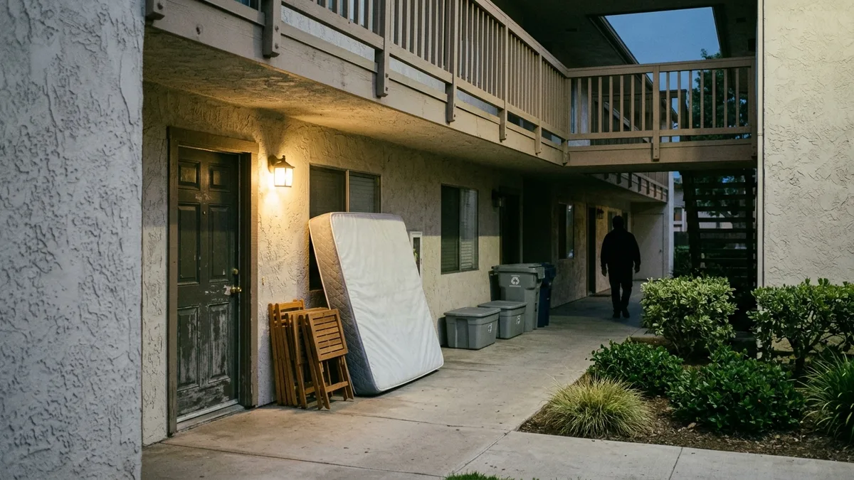 Staging bulk items in an apartment breezeway before removal between move-out and make-ready