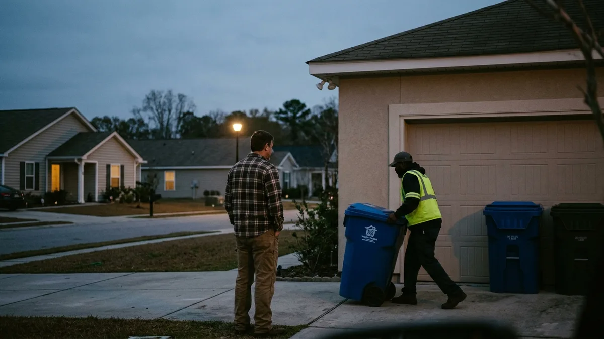 Trash valet service collection on a North Charleston residential street at dusk