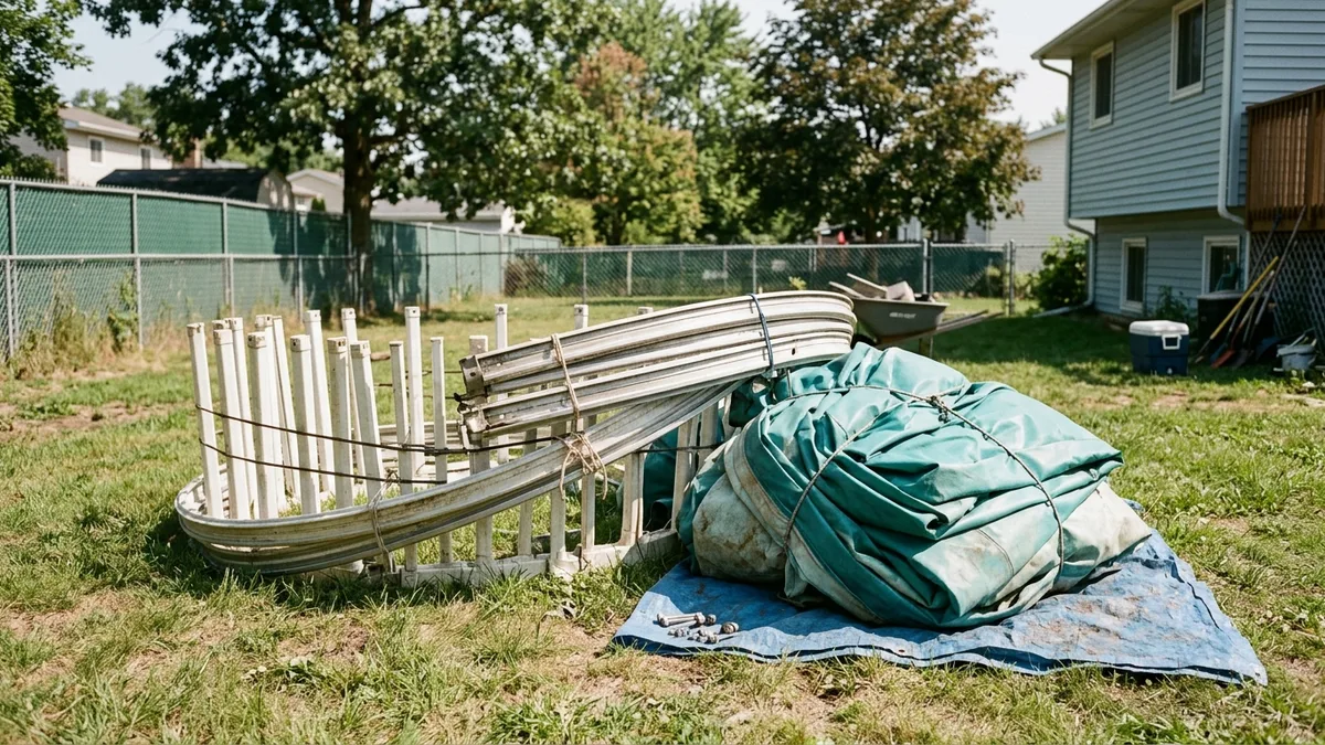 Above ground pool removal services staging disassembled frame and liner for haul away