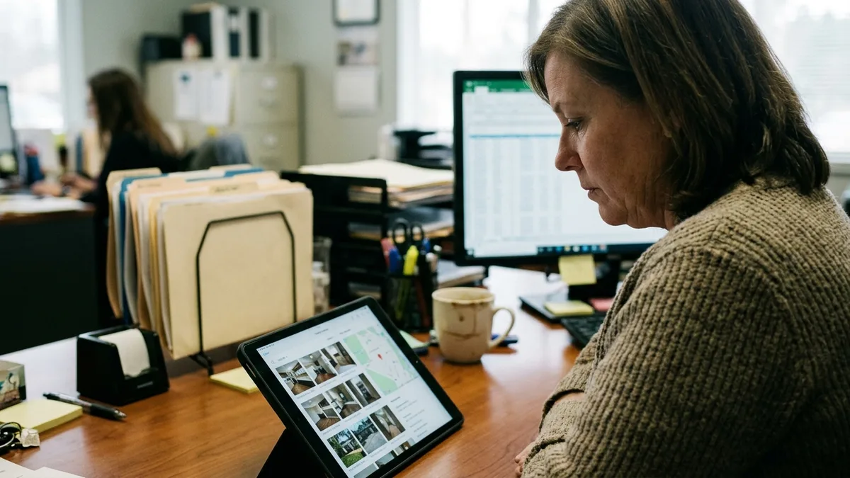 Property manager reviewing photo-verified Charleston waste services collection report on tablet
