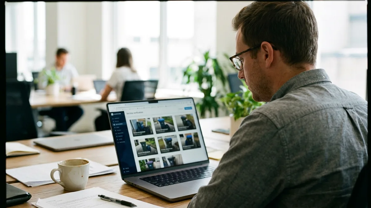 Property manager reviewing photo-verified concierge trash service reports