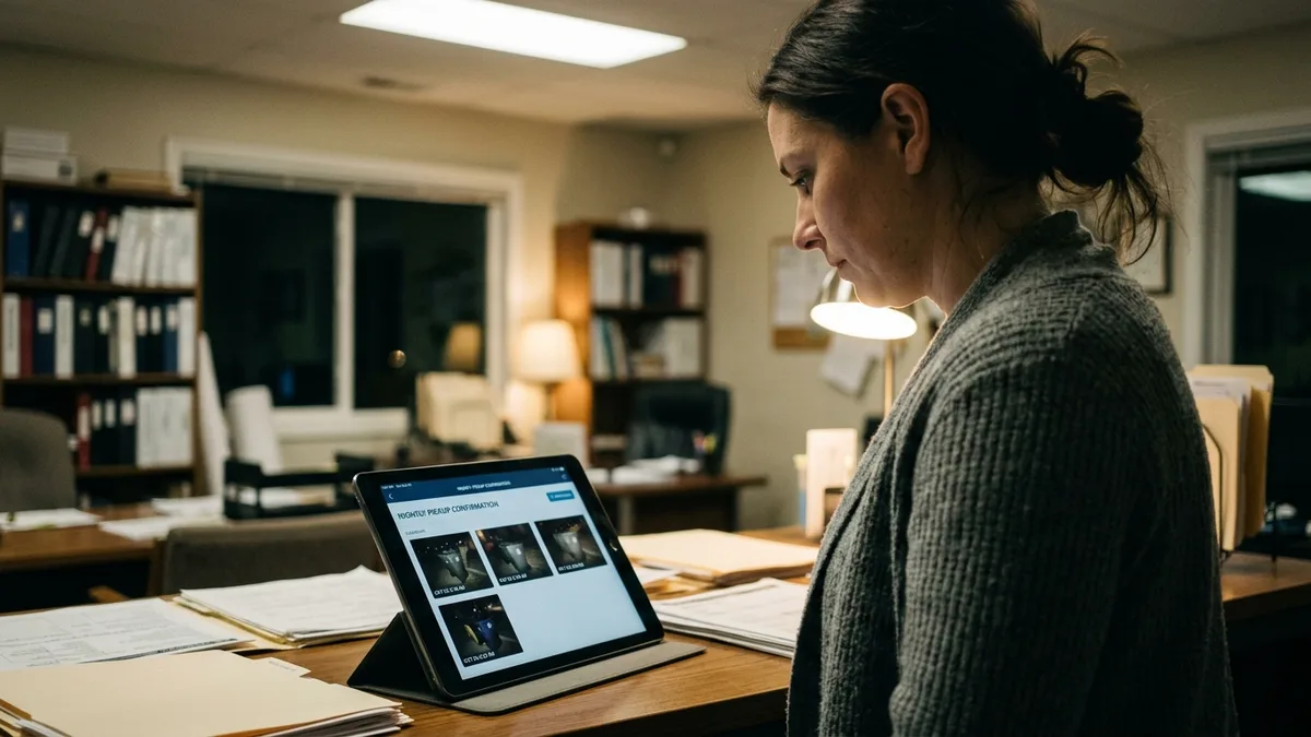 Property manager reviewing doorstep details service confirmation dashboard for valet trash
