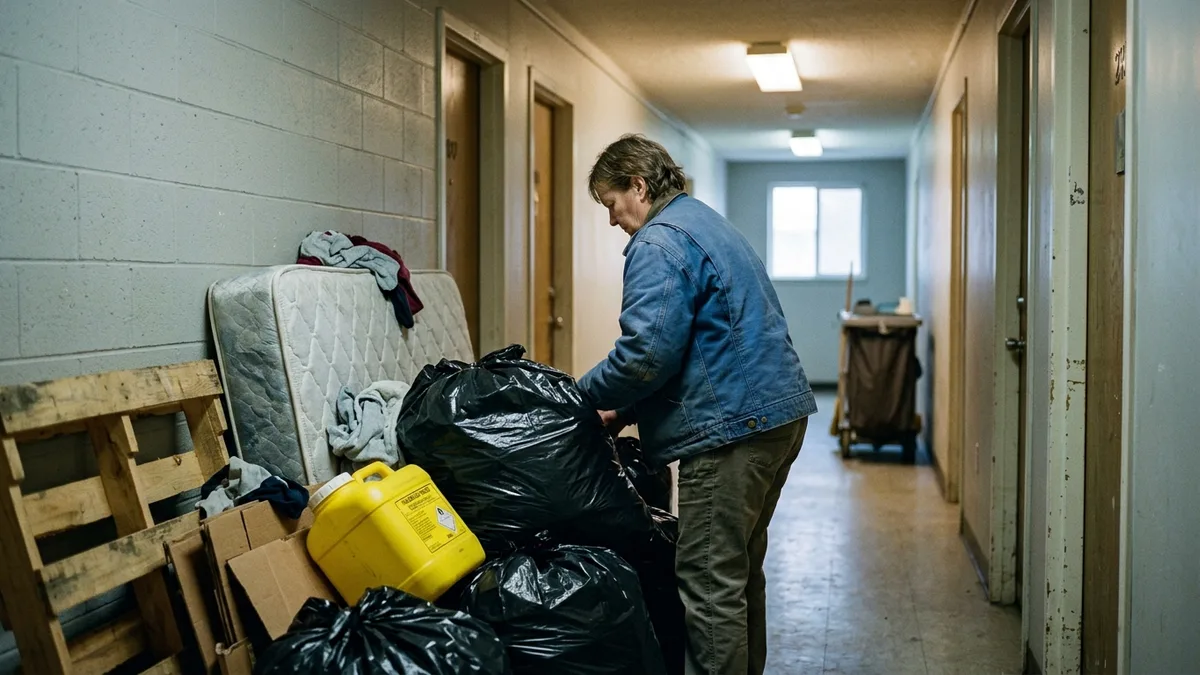 Property manager sorting bulk items and hazardous waste during apartment turnover