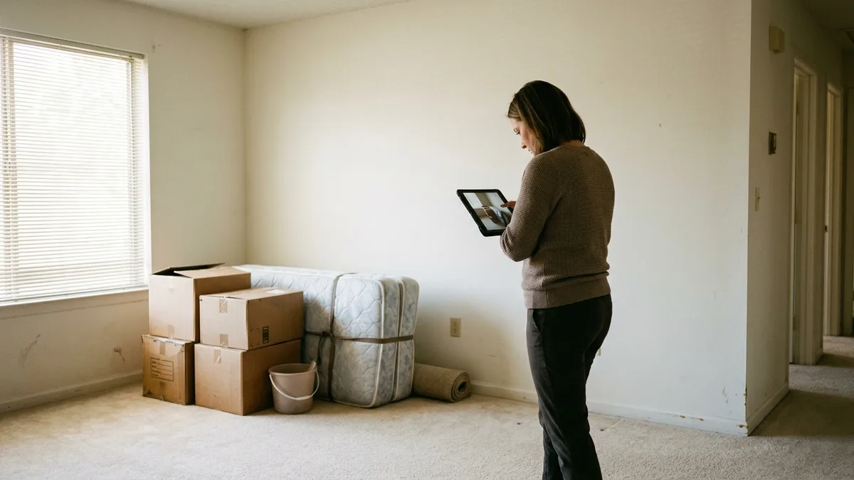 Property manager documenting a unit before bulk item removal between move-out and make-ready