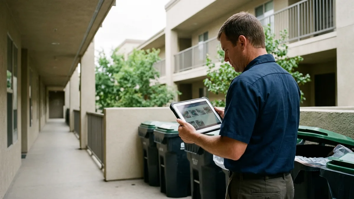 Photo-verified waste pickup service documentation for property managers