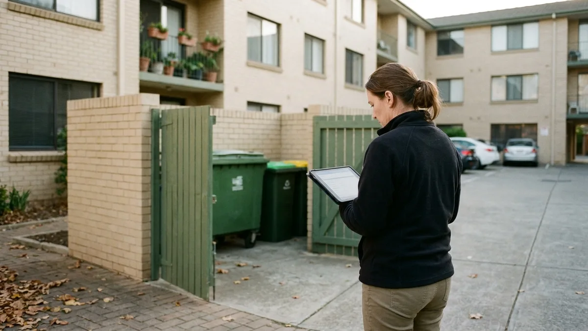 Property manager reviewing garbage can company service documentation