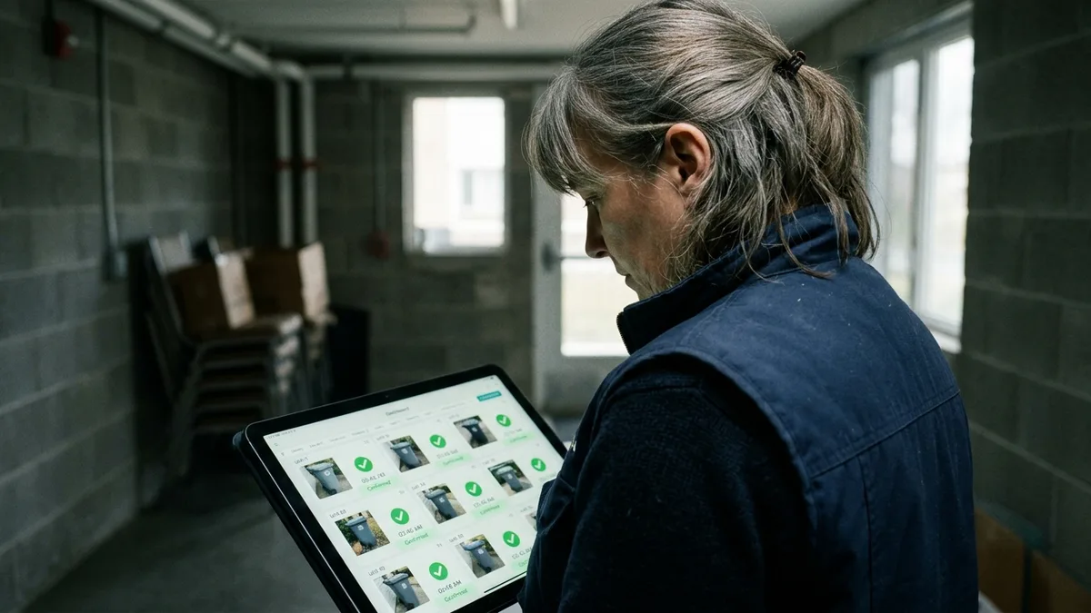 Property manager verifying trash kans collection through photo-verified dashboard