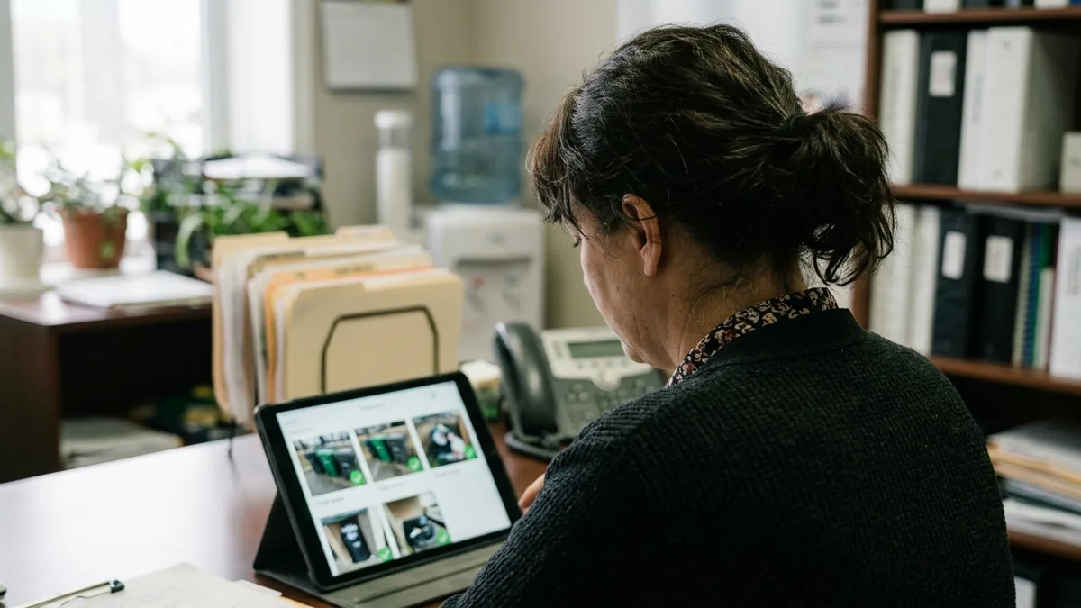Property manager reviewing photo-verified service records, the same documentation standard as dryer vent maintenance logs