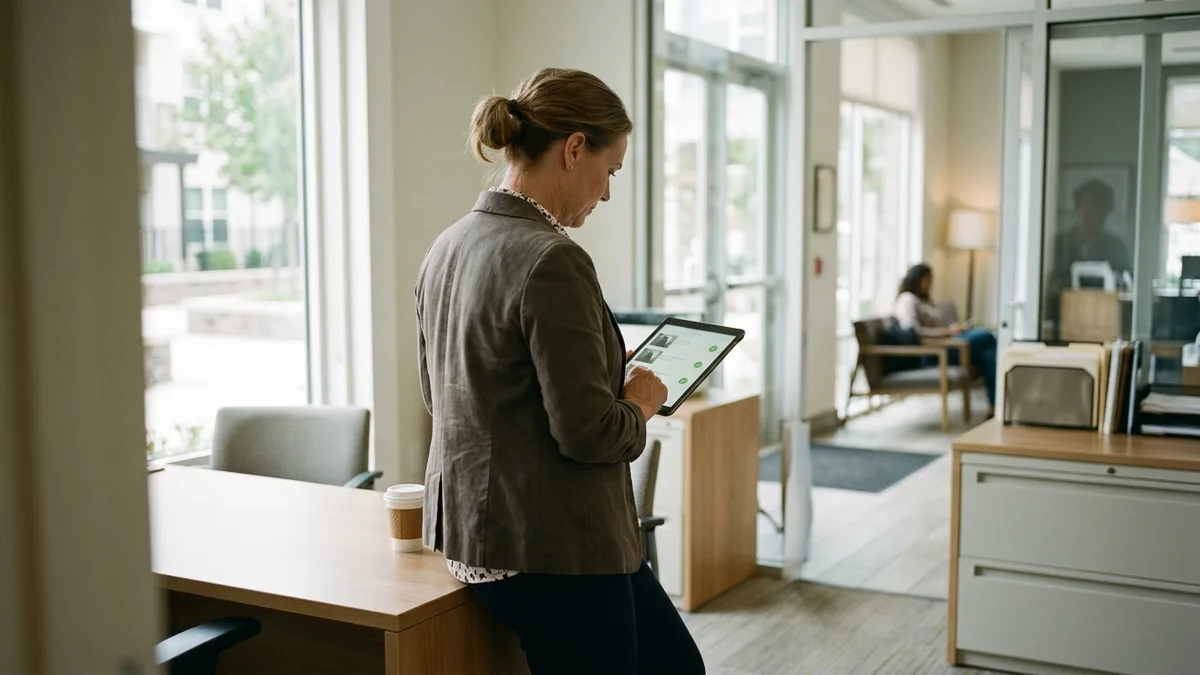 Property manager reviewing photo-verified service records, a modern alternative to the old allied waste company model
