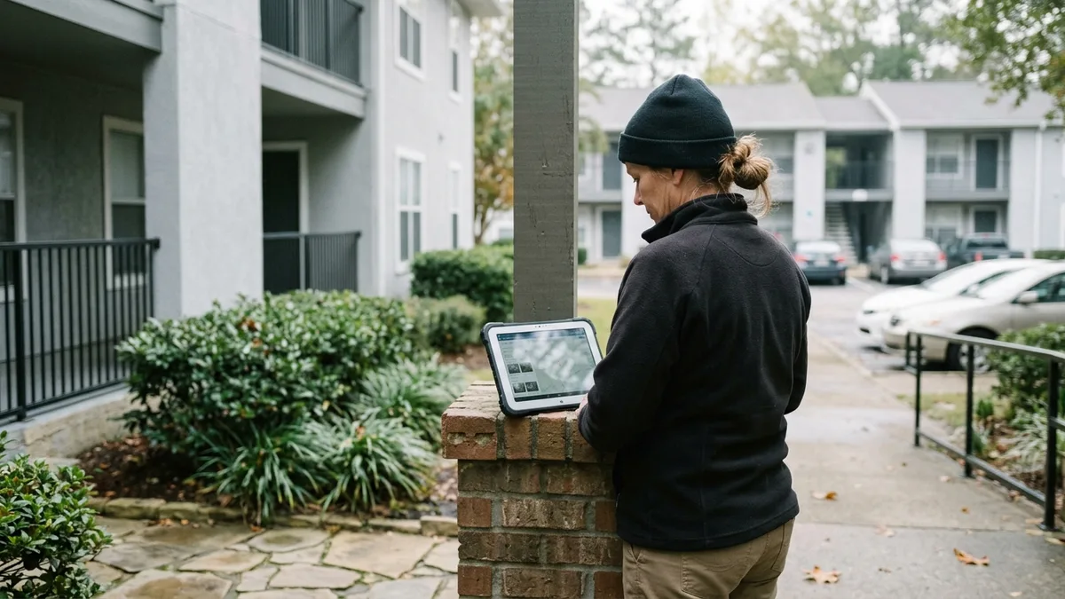 Property manager reviewing photo-verified doorstep trash collection reports